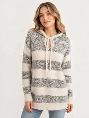 LOFT Bouclé Knit Hooded Sweater Creamy White/Gray Hoodie Large